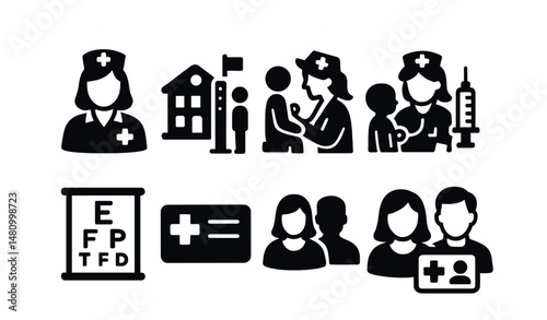 Solid style icons of school health services: school nurse, health screening, student checkup, vaccination day, vision test, medical alert card, parent contact, health pass.