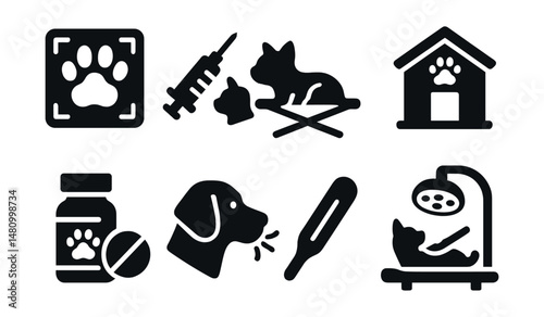 Solid style icons of veterinary medicine: paw x-ray, pet vaccine, animal stretcher, vet clinic, pet meds, kennel cough icon, pet thermometer, animal surgery.
