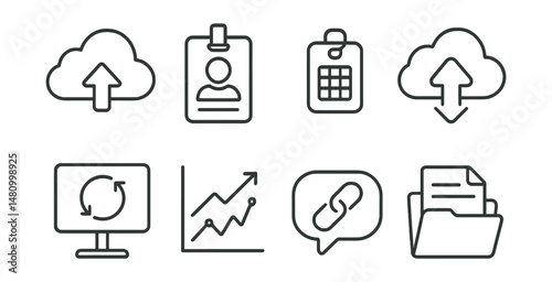Line style icons of digital tools for remote workers: cloud storage icon, file access badge, digital workspace tag, cloud backup file, app sync board, system update chart, secure link bubble, file