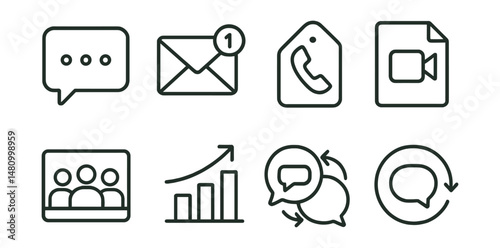 Line style icons of remote communication tools: instant message icon, email inbox badge, call-back request tag, video chat file, team huddle board, task update chart, feedback loop bubble, async
