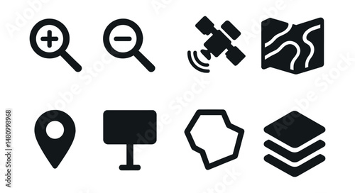 Solid style icons of map interface: zoom in, zoom out, satellite view, terrain map, current location, street name, area outline, layers icon.