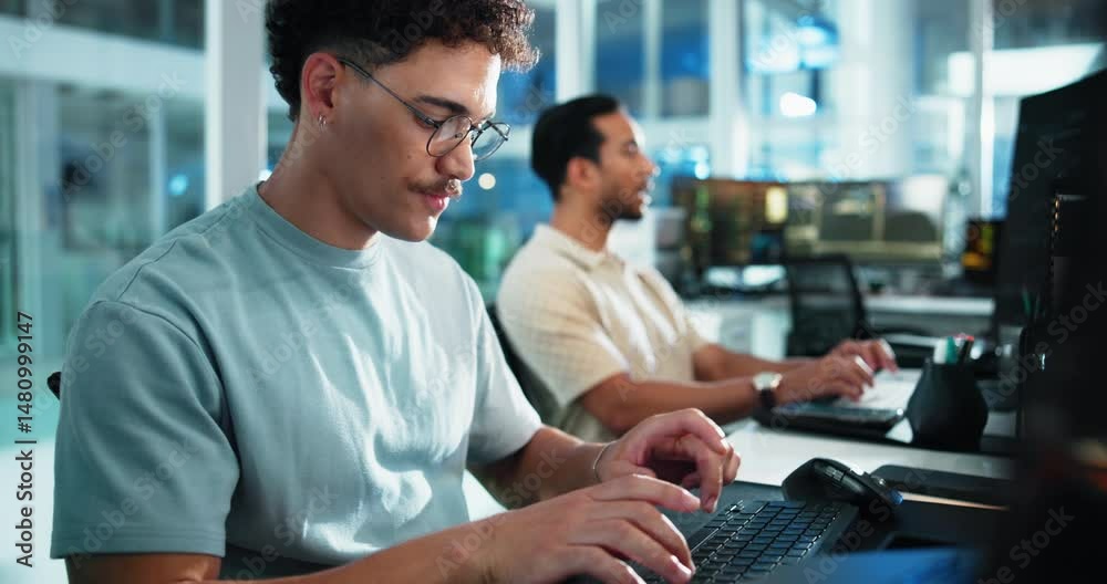 Computer, reading and typing with man at desk in office as programmer for software development. Coworking, data and web design with confident developer or system engineer in workplace for update