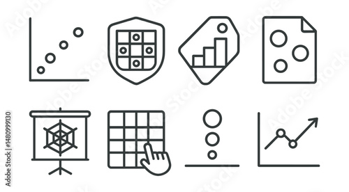 Line style icons of data visualization: scatter plot icon, heat map badge, stacked chart tag, bubble chart file, radar graph board, interactive grid chart, histogram bubble, dynamic visuals symbol.