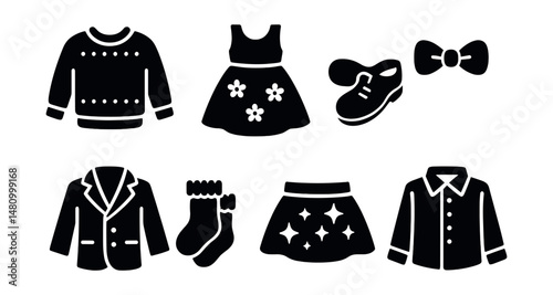 Solid style icons of festive children’s clothing: holiday sweater, party dress, bow tie, dress shoes, velvet jacket, lace socks, sparkly skirt, fancy shirt.