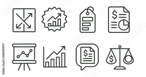 Line style icons of financial analysis: profit and loss icon, revenue growth badge, cost breakdown tag, expense vs income file, margin analysis board, ROI chart, tax report bubble, balance sheet