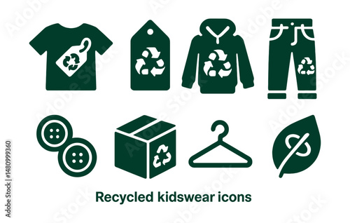 Solid style icons of recycled kidswear: green tag tee, sustainable label, rewashed hoodie, reused denim, repurposed buttons, eco package, garment loop, fiber symbol.