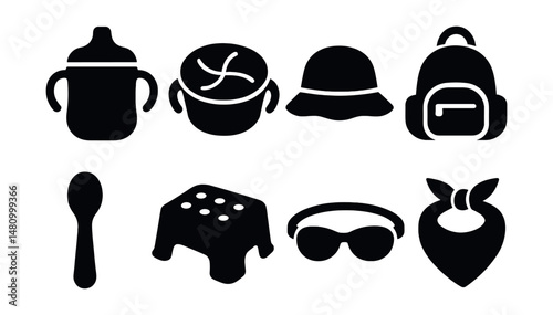 Solid style icons of toddler accessories: sippy cup, snack container, sunhat, mini backpack, training spoon, step stool, elastic sunglasses, toddler scarf.