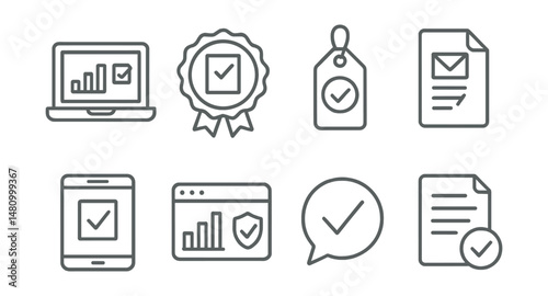 Line style icons of voting methods: online poll icon, paper ballot badge, text vote tag, email submission file, phone-in vote board, secure portal chart, one-time vote bubble, verified submission