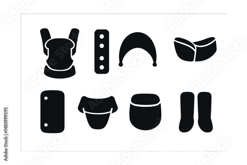 Solid style icons of babywearing accessories: baby carrier, teething strap, carrier hood, hip seat, drool pad, back support belt, pouch pocket, leg cover.