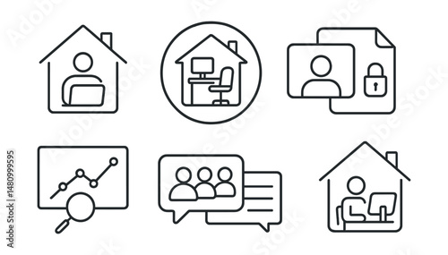 Line style icons of work-from-home flexibility: WFH icon, home office badge, video call tag, remote access file, flexible work chart, video meeting bubble, home workspace symbol.
