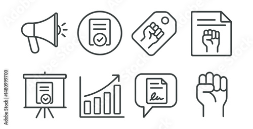 Line style icons of petitions for change: call to action icon, sign petition badge, cause request tag, advocate petition file, public awareness board, petition goal chart, online signatures bubble,