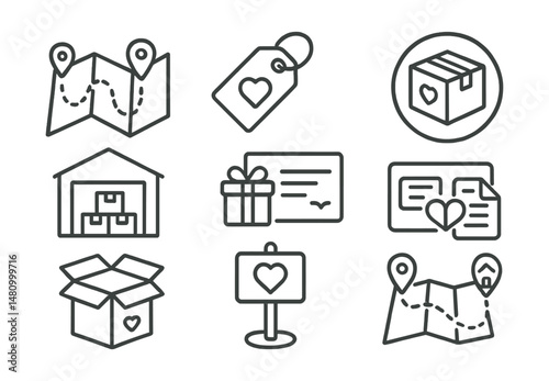 Line style icons of gift-in-kind and logistics: supply logistics map, goods donation tag, shipment for aid badge, warehouse distribution icon, gift card for good file, bulk donation box, collection