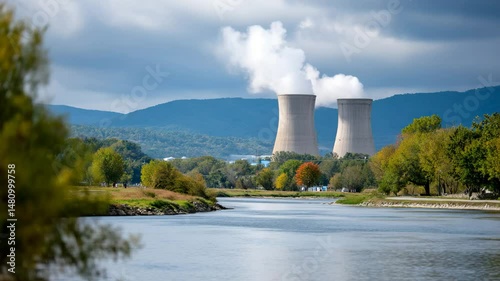 A scenic view showcasing the cooling towers of a nuclear power plant against a backdrop of mountains and clouds, representing energy production and environmental balance.