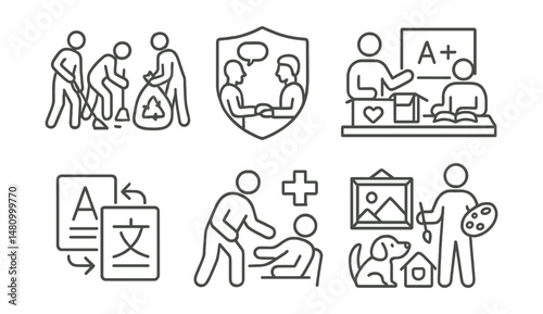 Line style icons of types of volunteering: community clean-up group, mentoring session badge, tutoring session icon, donation sort table, translation help file, hospital support symbol, animal