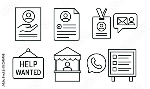 Line style icons of volunteer recruitment: join us flyer, sign-up form file, info session badge, invite message icon, help wanted sign, volunteer fair booth, outreach call bubble, open roles board.