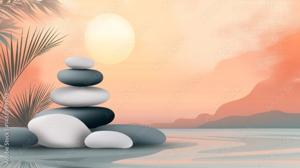 Obraz premium Above a stylized waterfall, stacked stones are balanced in a peaceful arrangement, with a background of colorful shapes