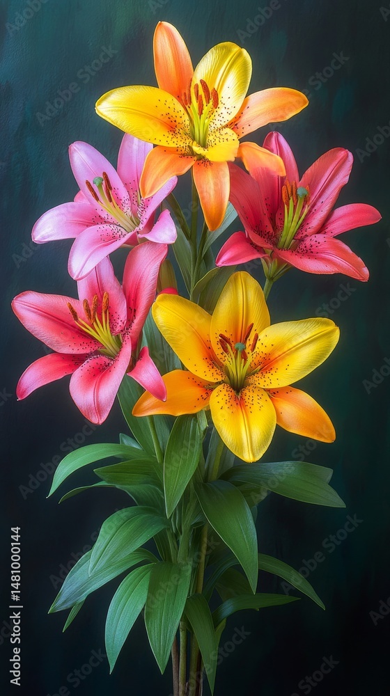 Fototapeta premium Vibrant colors including yellow, orange, and red are displayed by lily blossoms, which are set amongst dark green leaves
