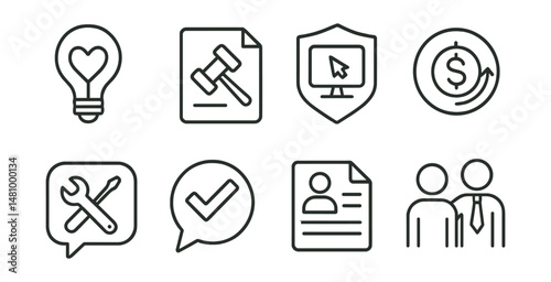 Line style icons of skills-based volunteering: design for cause icon, legal aid file, digital literacy training badge, financial coaching symbol, tech support session tag, job prep bubble, resume