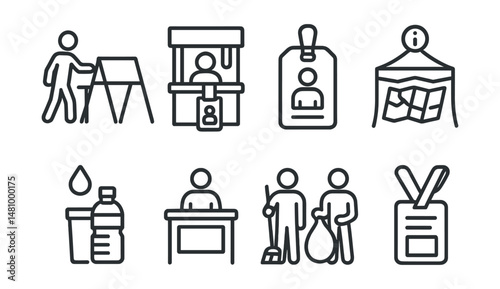 Line style icons of event volunteering: setup crew icon, ticket booth badge, crowd guide tag, info tent map, water station symbol, registration table board, cleanup team icon, volunteer lanyard file.