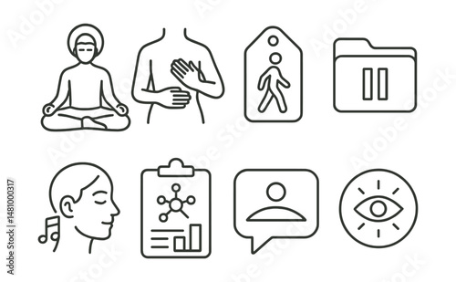 Line style icons of mindfulness practices: meditation icon, body awareness badge, mindful walking tag, daily pause file, mindful listening board, centering exercise chart, slow moment bubble,