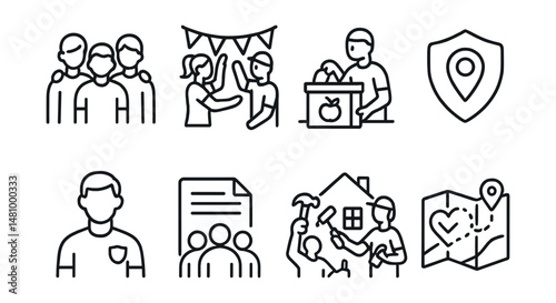 Line style icons of community-based volunteering: neighbor support group, block party crew, community pantry helper, local info post badge, neighborhood patrol icon, civic meeting file, housing