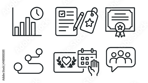 Line style icons of volunteer tracking and rewards: hours tracker chart, service log file, milestone badge tag, impact certificate icon, volunteer journey timeline, token of appreciation card,