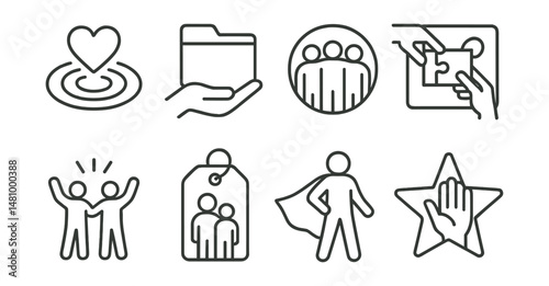Line style icons of volunteer culture: kindness ripple icon, give what you can file, non-competitive team badge, shared effort board, celebrate together symbol, community over ego tag, everyday hero