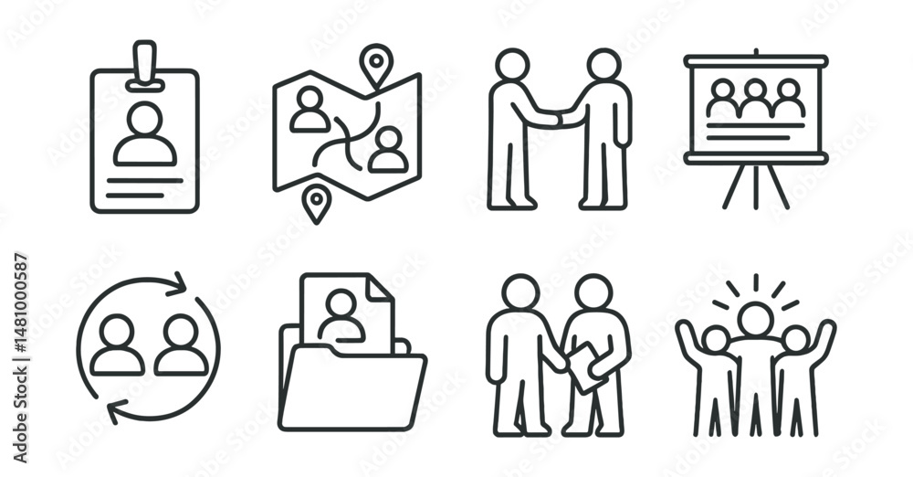 Line style icons of volunteer team dynamics: team introduction badge, buddy system map, onboarding together symbol, weekly sync board, appreciation loop chart, peer learning file, pair task icon, Line style icons of volunteer team dynamics: team introduction badge, buddy system map, onboarding together symbol, weekly sync board, appreciation loop chart, peer learning file, pair task icon,