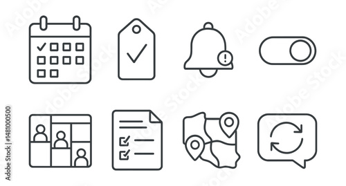 Line style icons of volunteer scheduling: calendar of shifts icon, weekly commitment tag, reminder alert badge, flexible hours toggle, group scheduling board, availability form file, shared coverage