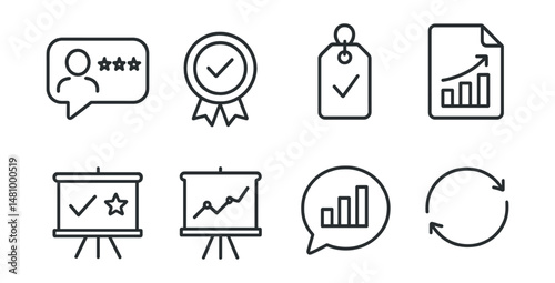 Line style icons of tracking and feedback: feedback icon, progress review badge, daily log tag, performance update file, success evaluation board, review meeting chart, results summary bubble,