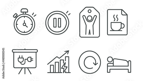 Line style icons of productivity breaks: break timer icon, five-minute pause badge, stretch reminder tag, refreshment alert file, recharge moment board, energy boost chart, recovery bubble, short