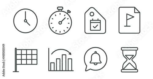 Line style icons of deadline tracking: deadline clock icon, countdown timer badge, due date tag, project milestone file, finish line board, time limit chart, reminder bubble, time crunch symbol.