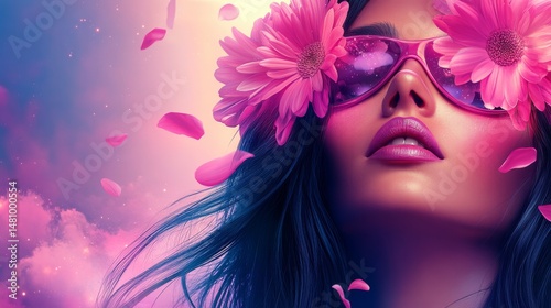 Against a dreamy sky, a woman wears pink flowers and sunglasses as she gazes upwards