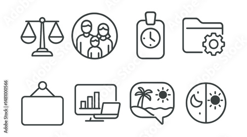Line style icons of work-life balance: balance scale icon, family time badge, personal hour tag, work mode file, off-hours board, leisure time chart, vacation bubble, time separation symbol.