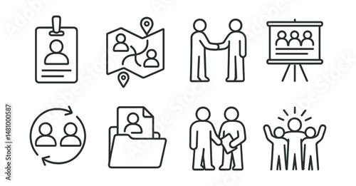 Line style icons of volunteer team dynamics: team introduction badge, buddy system map, onboarding together symbol, weekly sync board, appreciation loop chart, peer learning file, pair task icon,
