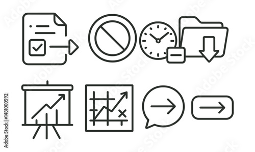 Line style icons of overcoming procrastination: task starter icon, anti-delay badge, time blocker tag, immediate action file, momentum builder board, no excuses chart, action bubble, start now symbol