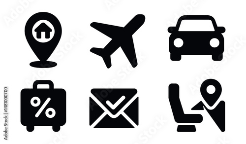Solid style icons of travel booking apps: hotel pin, flight icon, booking calendar, car rental, package deal, confirmation email, seat selection, trip planner.