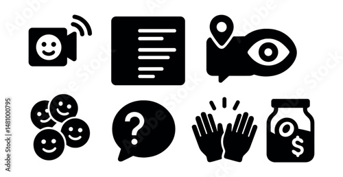 Solid style icons of livestream interaction: live emoji, poll popup, comment pin, viewer count, reaction flood, Q&A icon, applause icon, tip jar.
