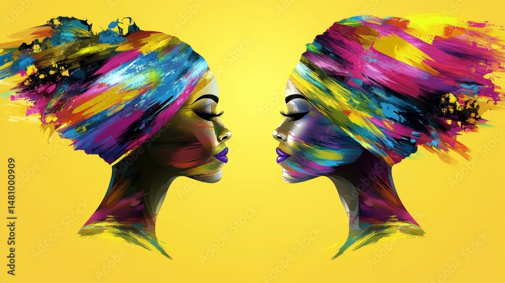 Obraz premium Against a warm yellow background adorned with stylized leaves and geometric shapes, silhouetted figures of a man and a woman are depicted