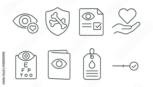 Line style icons of tissue and eye donation: cornea donation icon, tissue transplant badge, donor consent form, after-life gift symbol, recipient vision chart, donor awareness file, tissue bank tag,