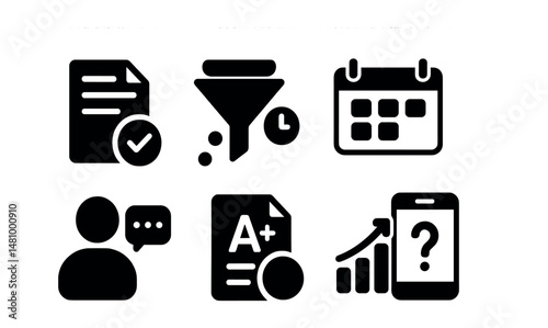 Solid style icons of student mobile apps: homework tab, subject filter, exam countdown, class schedule, peer message, grade view, study stats, quiz launcher.