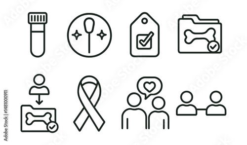 Line style icons of bone marrow donation: stem cell vial icon, donor swab badge, registration kit tag, compatibility match file, donation process chart, marrow awareness symbol, support for donor
