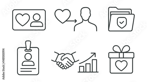 Line style icons of organ donation: heart donor card, organ transplant icon, donor registry form, medical compatibility file, living donor badge, transplant success chart, donor + recipient handshake
