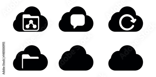 Solid style icons of cloud collaboration: shared drive, live comment, version update, permission lock, file folder, real-time edit, user tag, sync check.