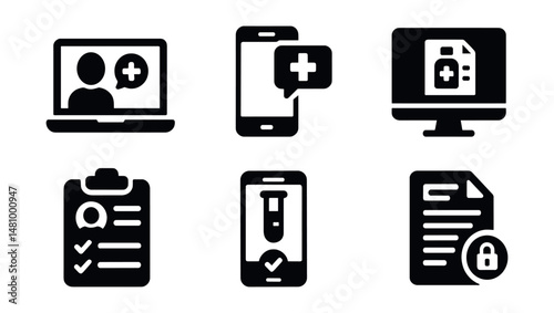 Solid style icons of virtual healthcare: video consult, medical chat, online pharmacy, health report, symptom form, test result, e-prescription, secure record.