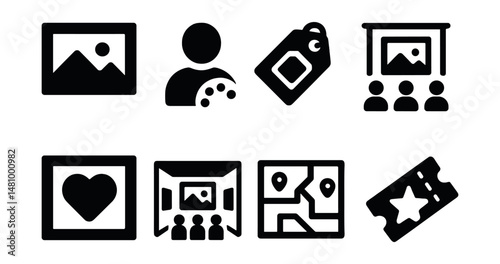 Solid style icons of online art galleries: artwork frame, artist profile, collection tag, exhibition view, favorite piece, virtual room, gallery map, ticket icon.
