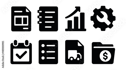 Solid style icons of small business tools: invoice form, order log, sales chart, service icon, booking tab, product list, delivery note, tax folder.