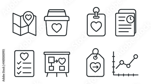Line style icons of donation logistics: donation site map, transport cooler icon, chain of custody badge, scheduled pickup file, donor prep checklist, processing center board, route to hospital tag,