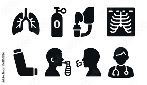 Solid style icons of respiratory care: lungs icon, oxygen tank, nebulizer, chest x-ray, asthma inhaler, spirometry, breath test, respiratory therapist.