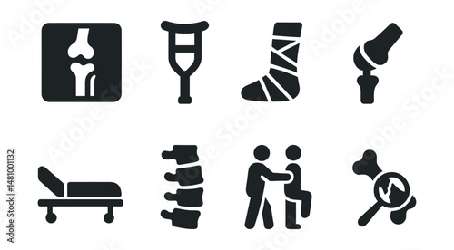 Solid style icons of orthopedics: bone x-ray, crutch icon, cast icon, joint replacement, orthopedic bed, spine model, physical therapy, fracture check.